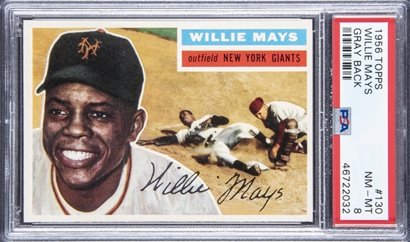 1956 Topps #130 Willie Mays, Gray Back - PSA NM-MT 8